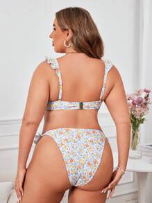 SHEIN Swim Curve Plus Size Summer Beach Floral Printed Bikini Set With Bowknot Decoration And Ruffled Edges For Holiday - Multicolor - View 2