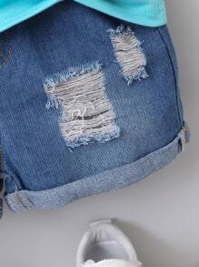 2pcs Young Boy Simple English Print Short Sleeve T-Shirt And Ripped Jeans Set - Blue - View 6