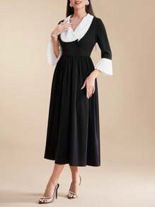 Modelyn Elegant Colorblock Waist Cinching Women's Spring/Summer Dress - Black and White - View 5