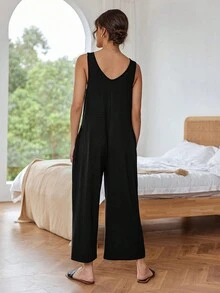 Women Elegant Loose Pocket Design Jumpsuit - Black - View 2