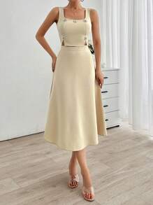 EURMUSE 方領石鑲飾女士優雅上衣與A字長裙兩件套裝