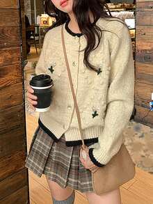 Women Simple Casual Single Breasted Contrast Trim Long Sleeve Cardigan,Long Sleeve Tops - Beige - View 4