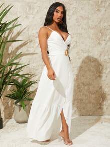 SHEIN SXY Women's Elegant White Summer Cami Dress,Solid Color Split Tropical Vacation Holiday Boho Outfit,Western Wear Birthday Bachelorette Party Concert - White - View 6
