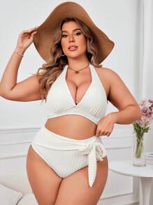 SHEIN Swim Curve Plus Size Solid Color Simple Halter Backless Bikini Set And Tie Side Bikini Set Bottom Set Summer Beach