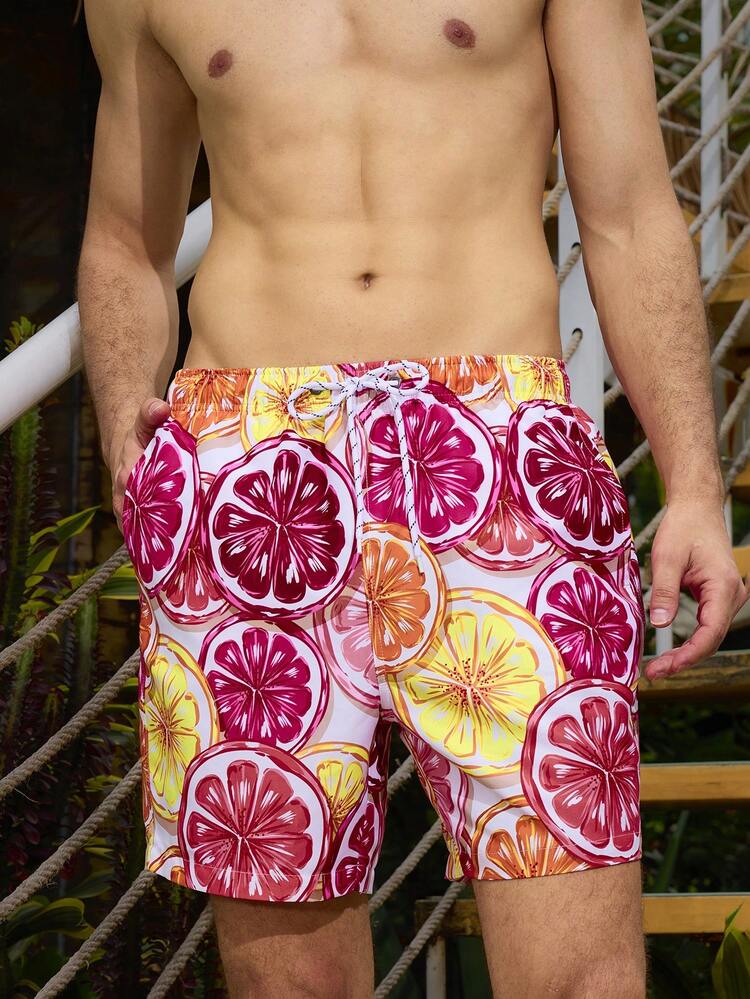 Men's Fruit Printed Drawstring Wide-Legged Beach Shorts For Vacation