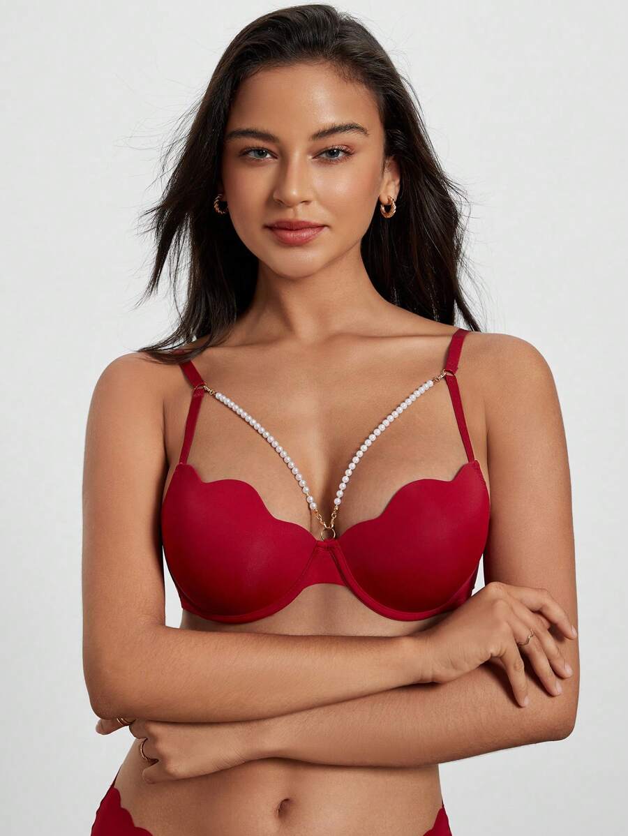 Women's Pearl Chain Decorated Bra Bridallingerie - Red - View 1