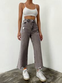 EURMUSE 100%Cotton Women Casual Ripped Wide Leg Jeans - Dark Grey - View 5