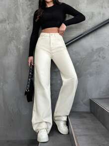 Cottnline Women's Solid Color High Waist Jeans - Beige - View 5