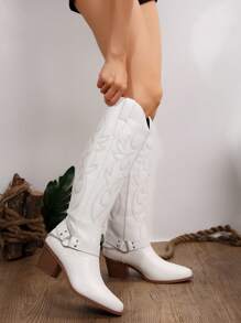 Kendall Jenner風格刺繡靴，2024歐美新款女士復古膝高牛仔靴，厚跟 - 白色 - 查看 5