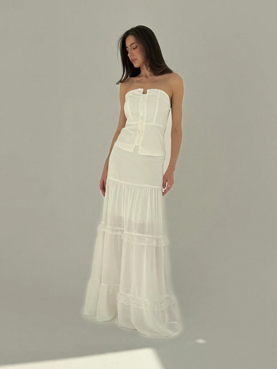 Aloruh 女式白色蕾絲分層裙，帶有傘狀下擺和簡潔優雅的設計