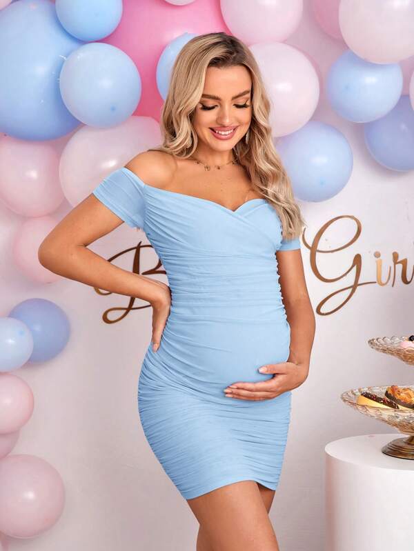 Loomaby Gender Reveal Dress Maternity Off-Shoulder Ruched Bodycon Dress Baby Shower Dress