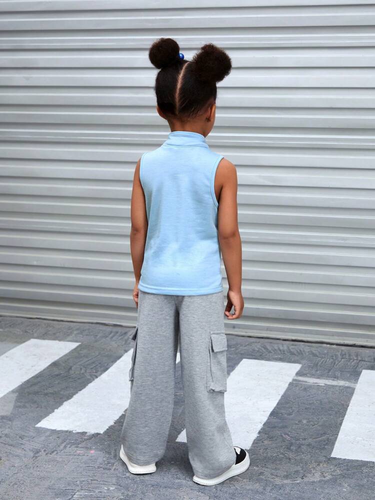 Girls' Stand Collar Sleeveless Top With Half Zipper + Casual Sports Pants With Big Pockets, 2pcs/Set