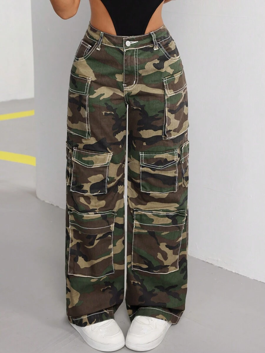 SHEIN ICON 女裝迷彩寬腿工作牛仔褲,側口袋,寬鬆休閒 - 軍綠色 - 查看 1