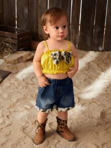 SHEIN 2入組嬰兒女裝春夏美式西部風格假期黃色上衣豹紋毛絨蝴蝶時尚休閒套裝 - 彩色 - 查看 6