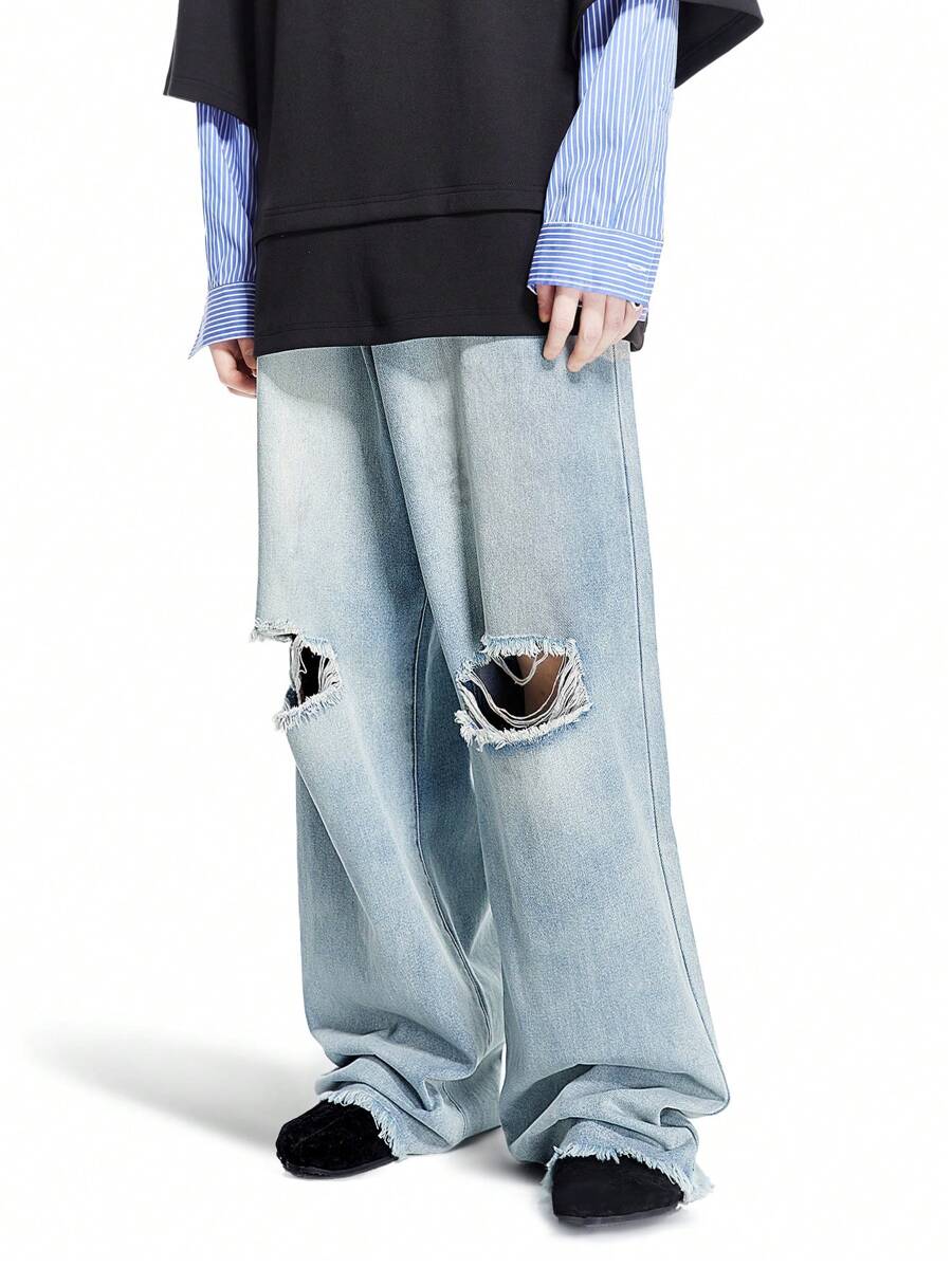 Manfinity EMRG Quần jean baggy rách rách màu xanh nhạt cho nam - Rửa nhẹ - Xem 1