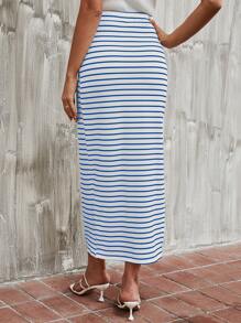 SHEIN Essnce Striped Printed Split Thigh Casual Skirt, Summer