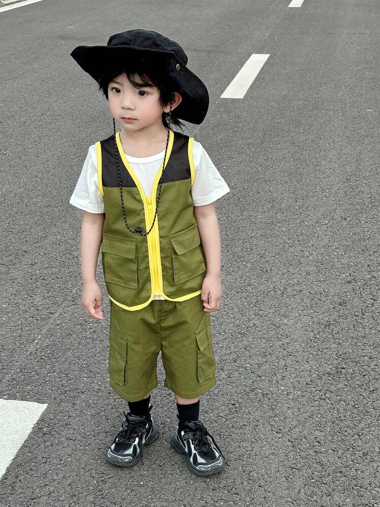 SHEIN Outdoor Baby Workwear Casual Pocket Patchwork Vest Jacket And Shorts Set - Multicolor - View 1