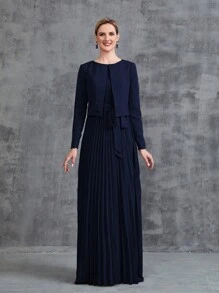 Women's Sleeveless Pleat Hem Chiffon Party Dress&Long  Sleeve Chiffon Cardigan