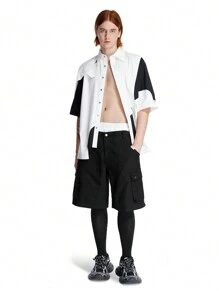 Manfinity VCAY Designer Men's Casual Cargo Shorts With Double-Layer Waist And Drawstrings - Black and White - View 3