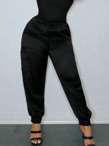 SHEIN SXY Spring And Summer Satin Drawstring Waist Black Casual Plus Women's Trousers