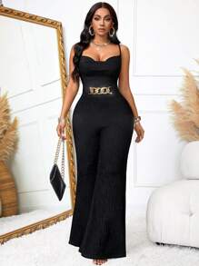 Mono de pierna ancha para mujer, sexy y vintage para verano, con cinturón metálico en la cintura y cintura fruncida