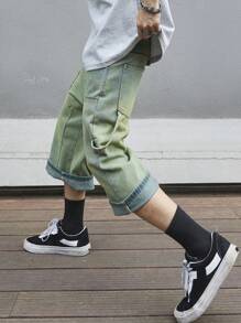 Manfinity Roghcode Men's Loose Fit Wide Leg Denim Capri Pants With Pockets - Blue - View 5