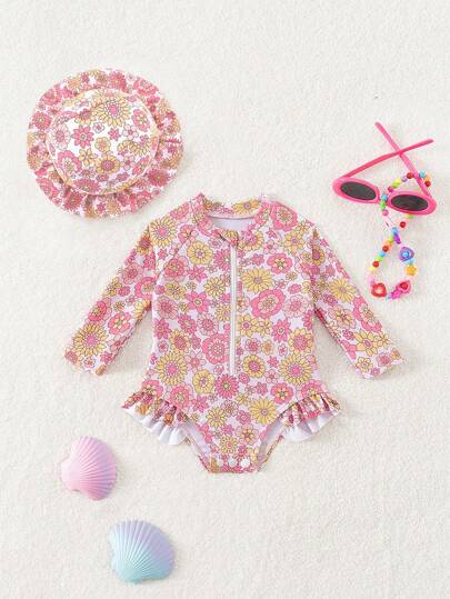 SHEIN 嬰兒女孩花卉印花長袖泳衣，假期風格