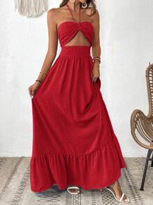 SHEIN VCAY Women's Solid Color Ruffle Trim Halter Neck Casual Vacation Summer Dress - Red - View 3