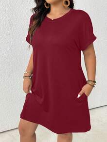 SHEIN LUNE Vestido de manga corta diario simple para mujer de talla grande en color sólido - Burdeos - Ver 4