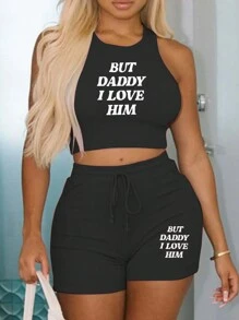 SHEIN Slayr Conjunto de tanque y pantaloneta impresa simple para mujeres de talla grande, ideal para uso cotidiano - Negro - Ver 1
