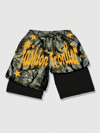 Street Life Pantaloncini da basket 2-in-1 stampati in mimetizzazione dei rami per uomo, traspiranti per la primavera e l'estate