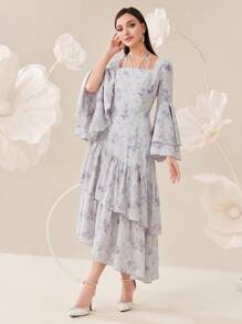 Modelyn 女士优雅花卉印花长袖连衣裙，方形领口，荷叶边下摆，短袖，夏季长款晚礼服 - 彩色 - 查看 6