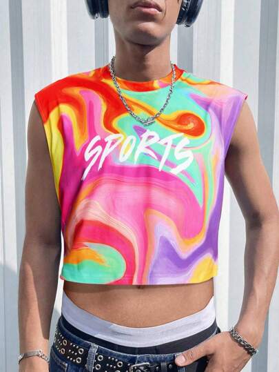 ROMWE Avant Men's Summer Marble Print Letter Graphic Crop Top Sleeveless Casual Tank