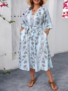 SHEIN VCAY Plus Size Vacation Sky-Blue Retro Printed Women's Summer Dress, Teacher Clothes - Multicolor - View 3