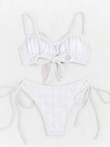 SHEIN Swim Women's Summer Beach Plain Hollow Out Lace-Up Sexy Bikini Set (With Underwire) - White - View 4