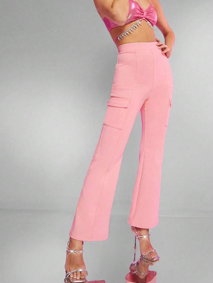 Hauture Flap Pocket Side Flare Leg Pants - Pink - View 1