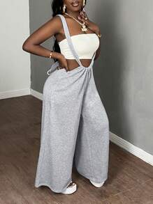 Slaydiva Pantalones largos grises casuales de pierna ancha con cordón - H