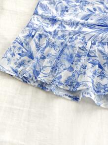 Soleia 藍白色復古網狀花卉緊身連身裙 (附胸墊)，針織彈性材質，有褶皺設計，浪漫休閒度假裝扮適用於女性 - 藍白色 - 查看 6