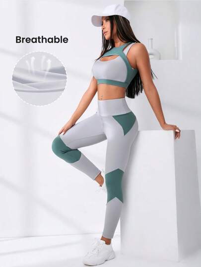 2 Stücke Softness Fitness Yoga Anzug Fitnessstudio Set, zweifarbige, Ausschnitt Oberteile mit breitem Bund