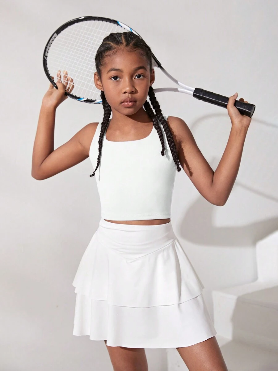 Tween Girl Back Twisted Hollow-Out U Neck Casual Sports Vest - White - View 1