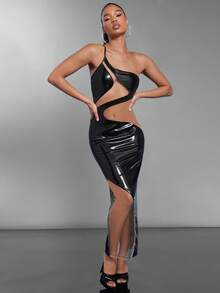 Hauture One Shoulder Mesh Panel Patent Dress - Multicolor - View 5