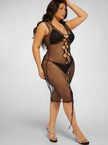 Hauture Lace Up Mesh Dress With Lingerie Set - Black - View 4