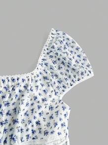 SHEIN EZwear 女款藍色小花短袖度假T卹，方領設計，白底 - 彩色 - 查看 3