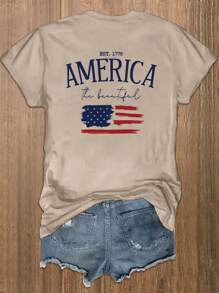 INAWLY 女式休闲圆领短袖 T 恤，带字母和美国国旗印花，夏季图案 T 恤女式上衣 - 卡其色 - 查看 2