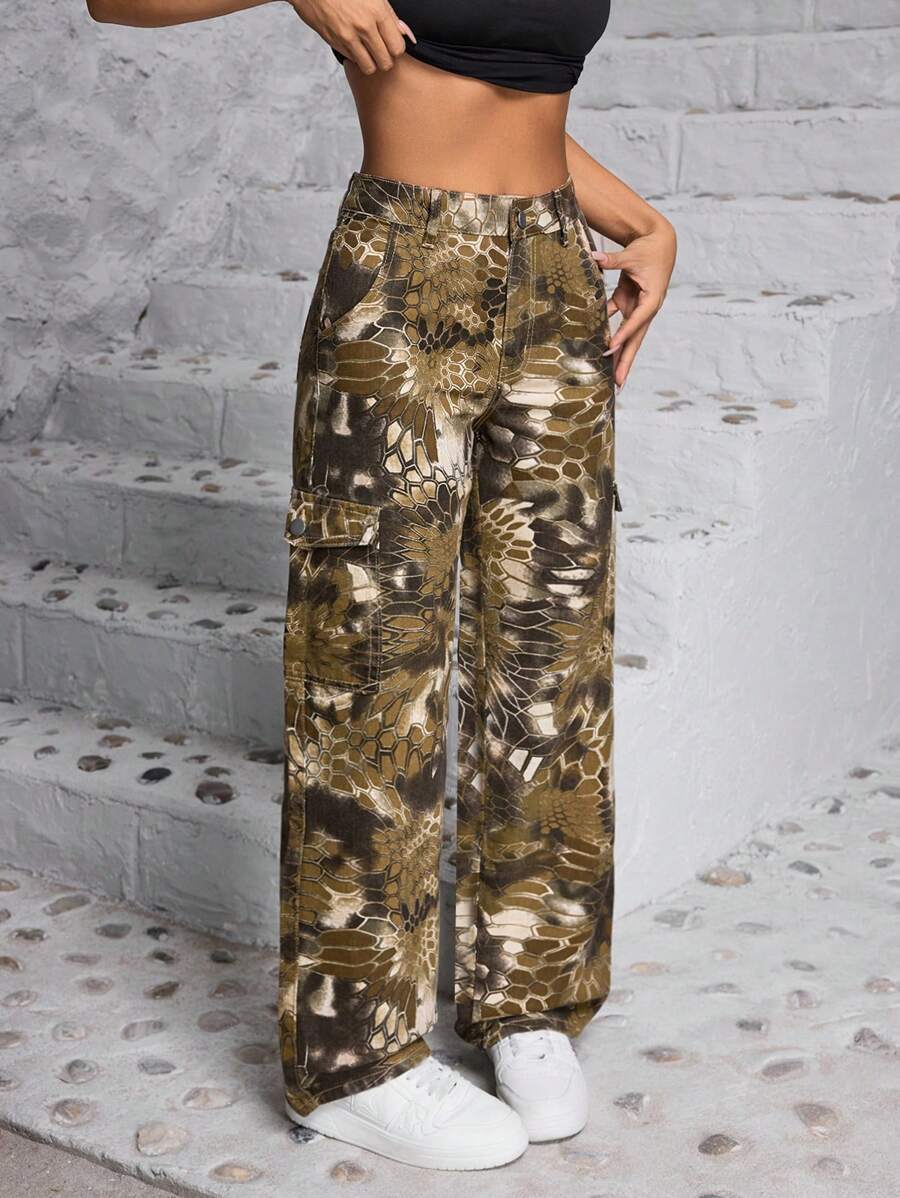 SHEIN PETITE 女款寬鬆版型幾何印花寬腿牛仔褲，實用口袋與休閒風格 - 彩色 - 查看 1