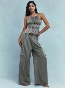 MISSGUIDED Satin Gathered Waist Halter Neck Top And Wide Leg Pants With Cargo Pockets Co-Ord - Army Green - View 1