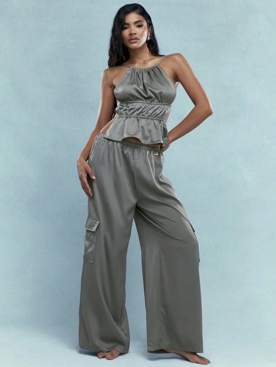 MISSGUIDED Satin Gathered Waist Halter Neck Top And Wide Leg Pants With Cargo Pockets Co-Ord - Army Green - View 1