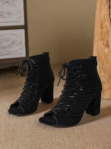 秋冬女式杏色踝靴，新款春夏时尚百搭后拉链系带镂空，四季通用露趾高跟绑带户外舒适加大码粗跟透气短靴，高跟罗马凉鞋，女靴 - 黑色 - 查看 7