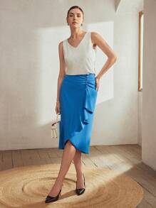 MOTF Classy SOLID BUTTON RUCHED WRAP RUFFLE HEM SKIRT - Blue - View 4
