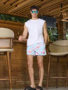 Manfinity Shorts de playa holgados para hombre con estampado de flamencos y cintura con cordón